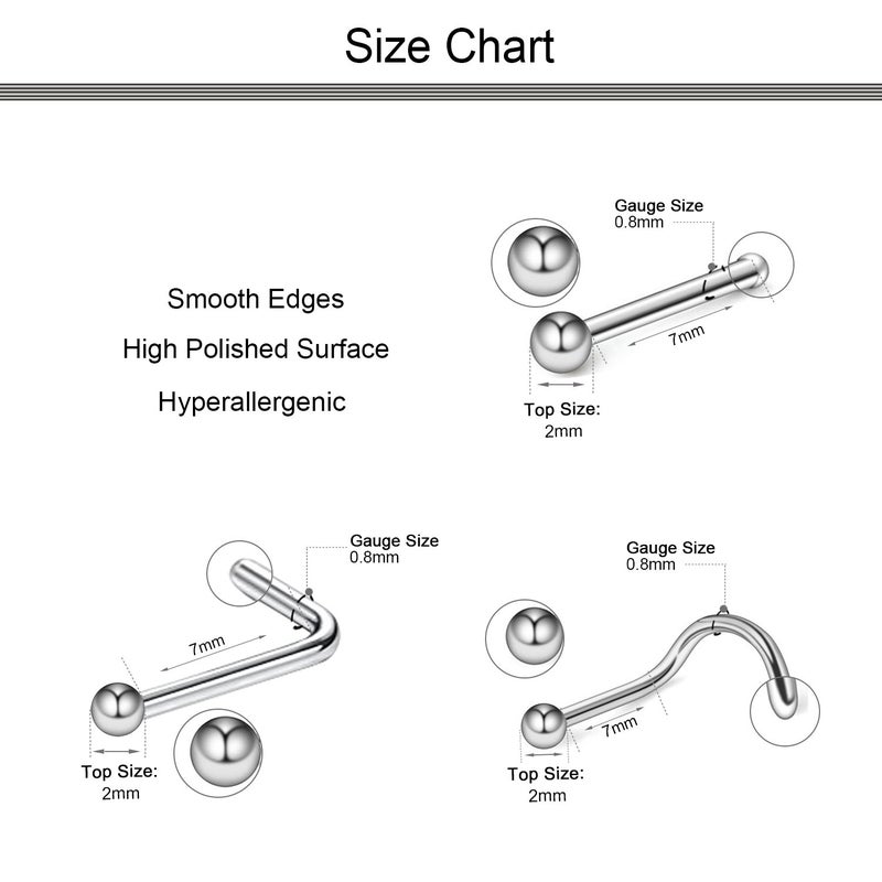 D.Bella Bone Nose Studs, 20G 316L Stainless Steel Silver Nose Ring Studs Bone Nose Studs Screws Body Piercing - Image 2